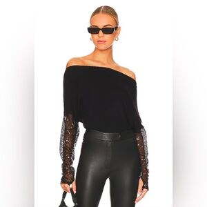 Never worn Revolve Michael Lauren Boatneck Top in Black with sheer sequin sleeve